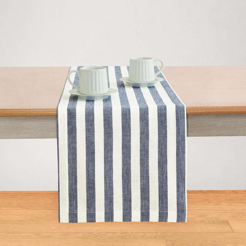 100% Pure Linen  Table Runner - Sorrento Stripe, 144" x 14", Navy/White