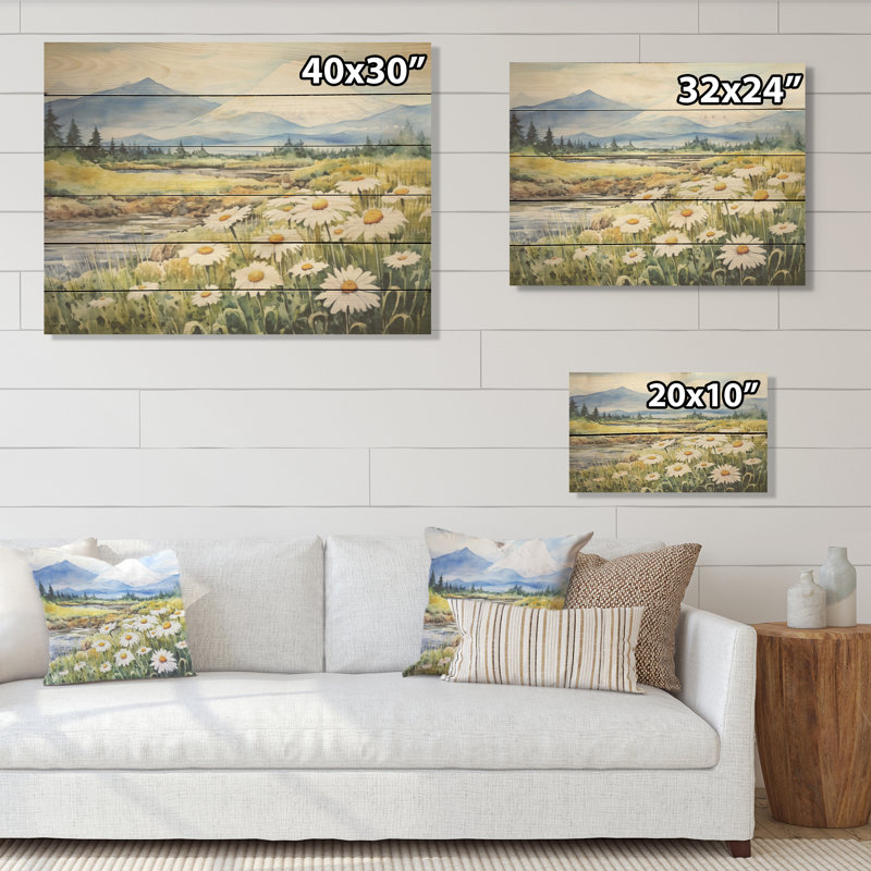 Marguerite blanche en fleur dans un paysage de montagne - marguerites, art mural sur bois de pin naturel, H 30 po x l 40 po