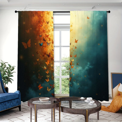 2 PCS artistique papillon essaim tourbillonnant filtrant les rideaux de lumière avec fond dégradé, décor de vibrations printanières, conception de passe-tringle, polyvalent pour le salon, la chambre à coucher et la cuisine