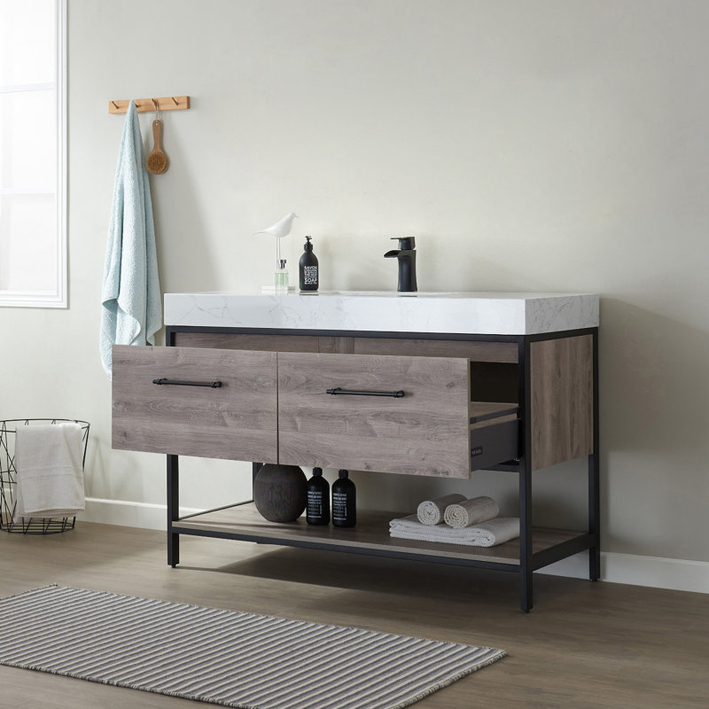 Ensemble de meuble-lavabo simple 48 po Bernasia, Marbre blanc, Chêne mexicain / noir