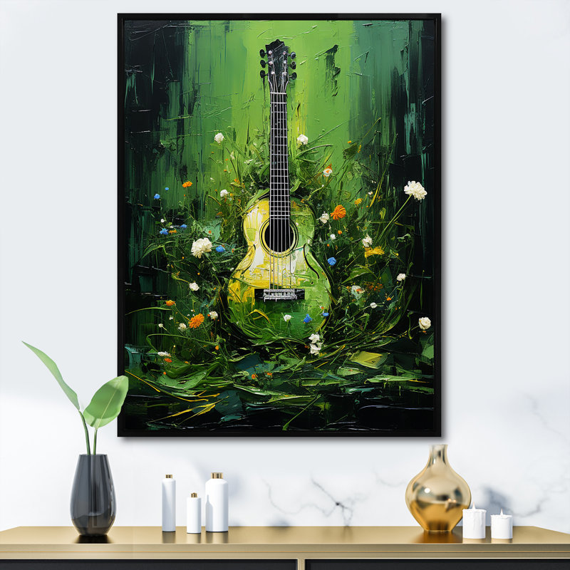 «Music Guitare Meadows Grass Green I» sur toile, H 44 po x l 34 po x P 1,5 po, Cadre flottant noir