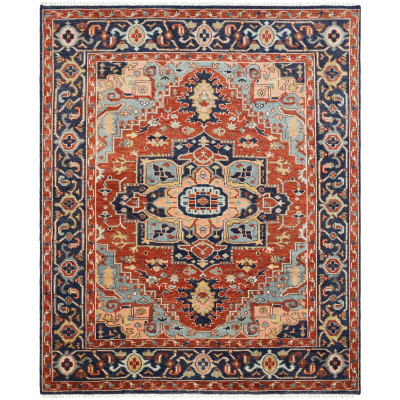 Serapi Heritage Hand-Knotted Wool Medallion Area Rug in Navy, Rectangle 10' x 14', Red/Navy