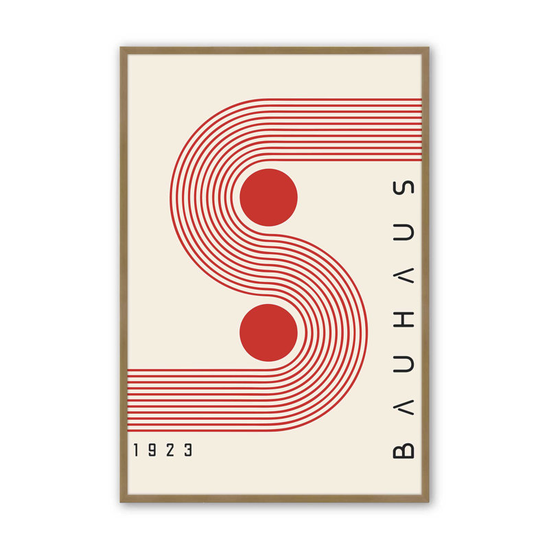 Affiche de cercles rouges et courbes Bauhaus, Cadre simple brossé doré, H 25,25 po x l 19,25 po