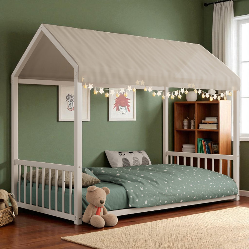 Metal Canopy Bed Floor House Bed, Twin, White