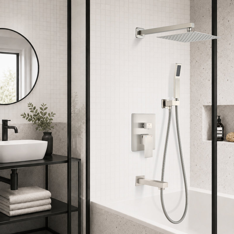 10 Inch Rain Shower Tub and Shower System with Handheld Shower Pressure Balanced Valve and Tub Spout in Brushed Nickel