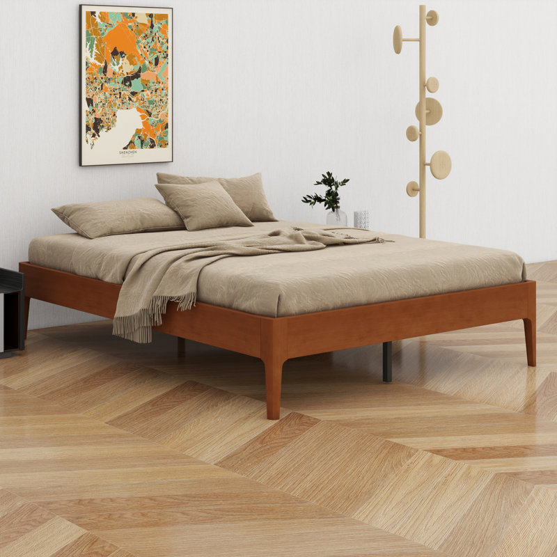 Elegant Wood Platform Bed Frame with Wood Slat & Metal Support, Brown, Queen