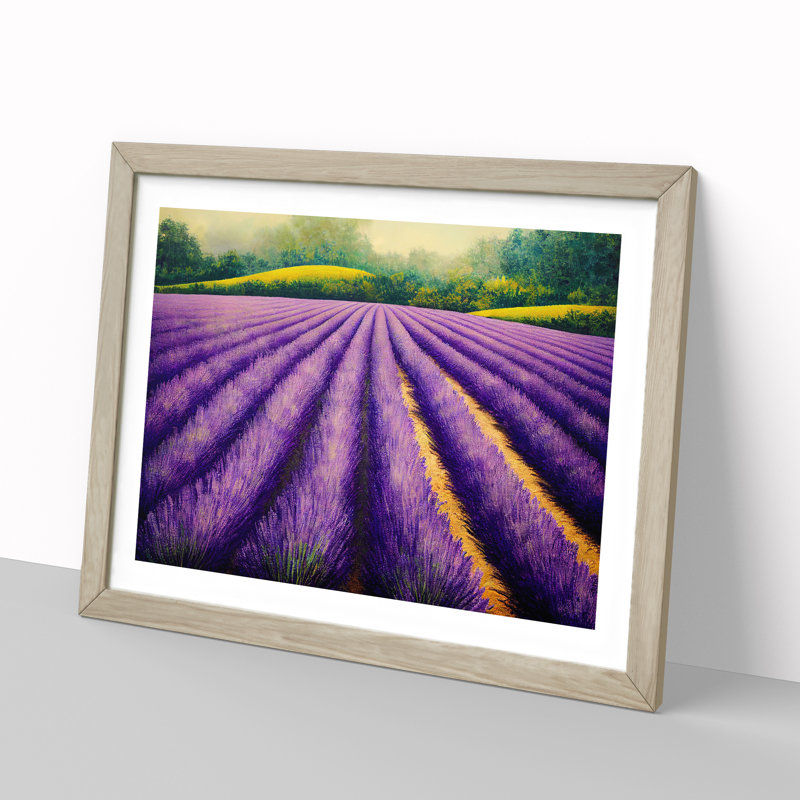 Cheerful Lavender Flower Field - Single Picture Frame Painting, 25cm H x 34cm W x 2cm D, Oak