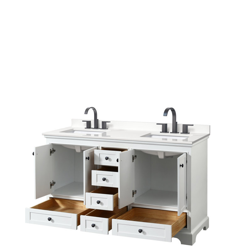 Meuble-lavabo double autoportant 60 po Deborah, Quartz blanc, Or brossé, Blanc