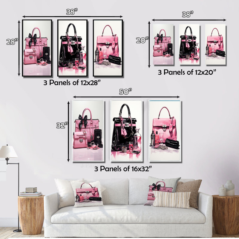 «Pink Fashion Bag Glamour», 3 pièces sur toile, Encadré naturel, H 32 po x l 48 po