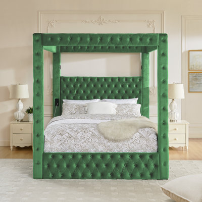 Lit à baldaquin Queen Size, plateforme rembourrée en velours avec haut-parleur Bluetooth intégré, ports de chargement USB-A et USB-C, 590 kg