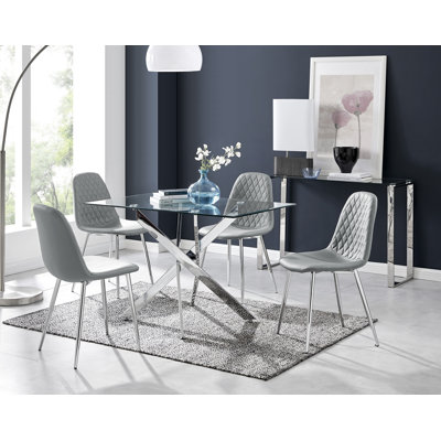 Lenworth Chrome and Glass Rectangular Dining Table Set with 4 Luxury Faux Leather Chairs