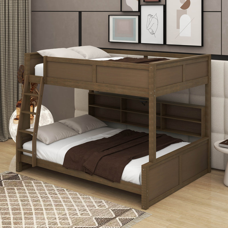Lit superposé avec armoires de rangement et ports USB, Couleur de bois antique, Double TG sur grand