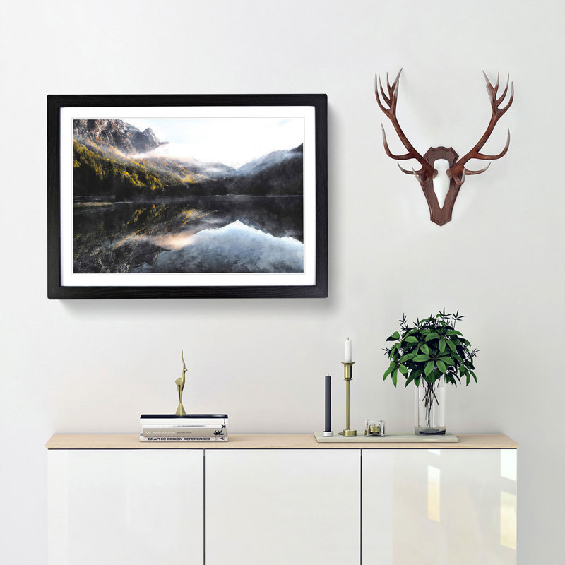 Antholzer See Lake Reflection - Single Picture Frame Painting on MDF, Black, 35cm H x 50cm W x 2cm D