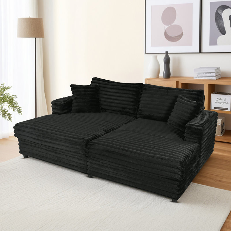 86"W Corduroy Upholstered Cloud Sleeper Sofa Bed Glauser Deep Seat Oversized Chaise Lounge Indoor, Black