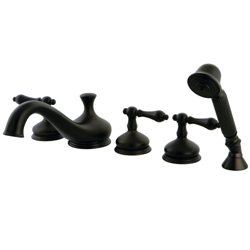 Robinet de baignoire romaine à trois poignées à fixation sur le comptoir à 5 trous avec douche à main Kingston, Bronze huilé
