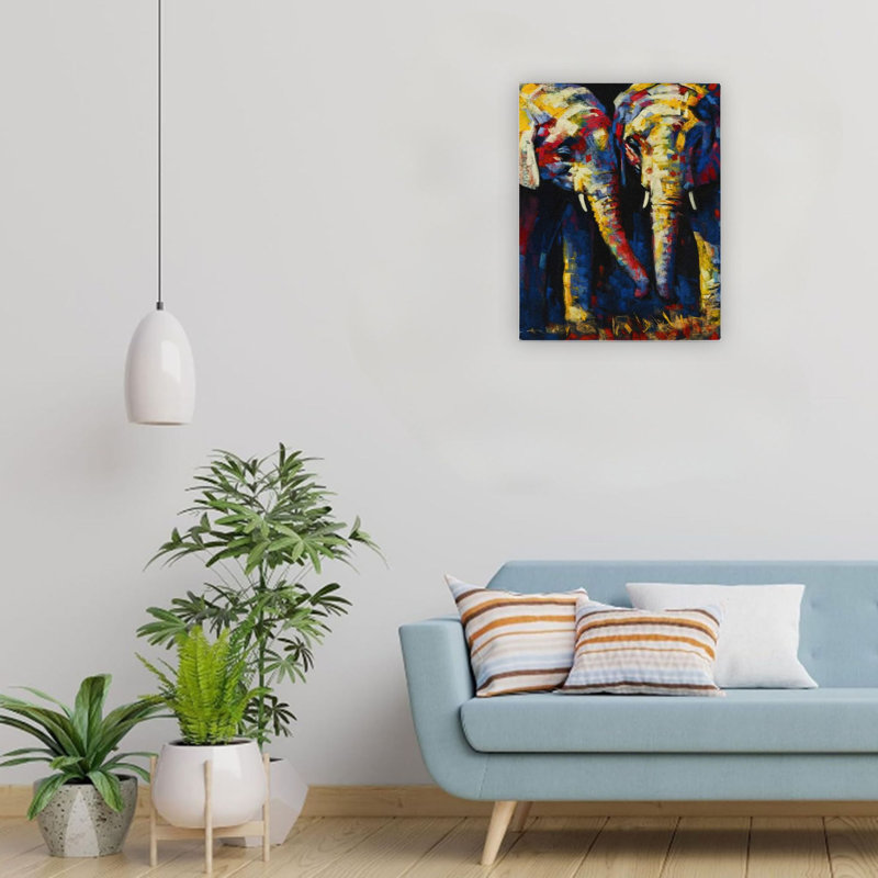 Décoration murale bleue sur toile deux éléphants 24 x 18 po