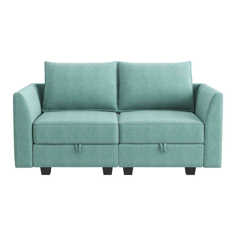 61" Square Arm Modular Loveseat with Storage Space, Blue Polyester Blend