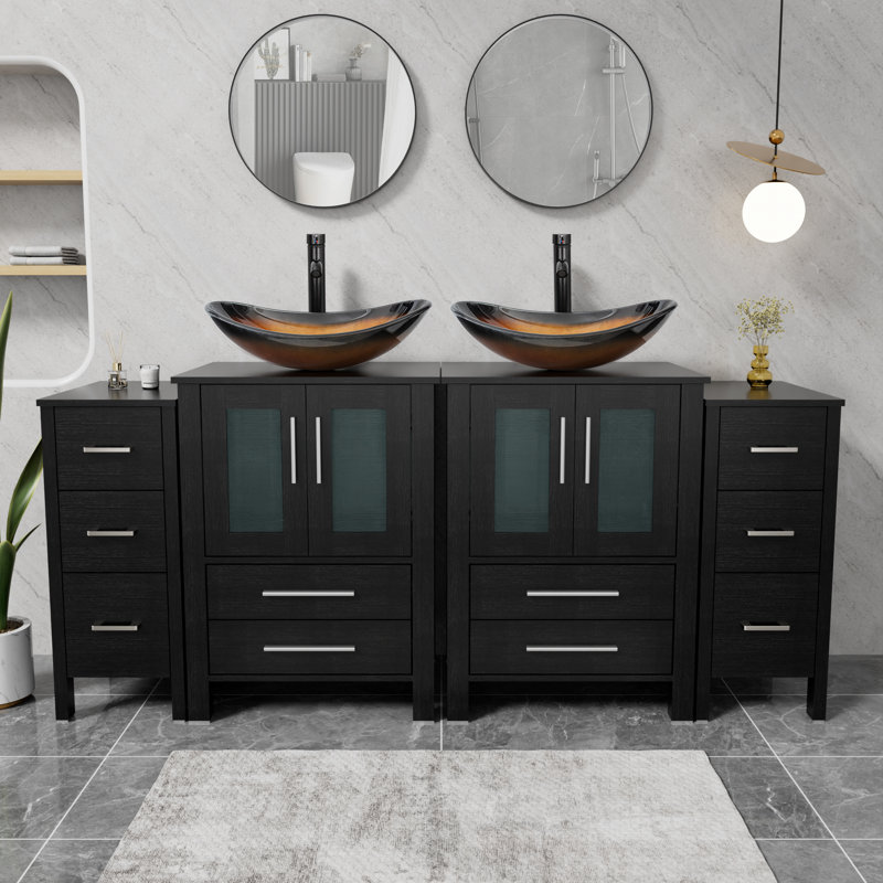 Sharee 72" Double Sink Bathroom Vanity With Vessel Sink, Manufactured Wood Top, Faucet And Drain, Brown, Black