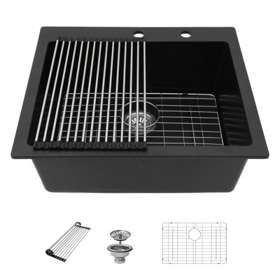 25" Drop In Granite Kitchen Sink Topmount, Black