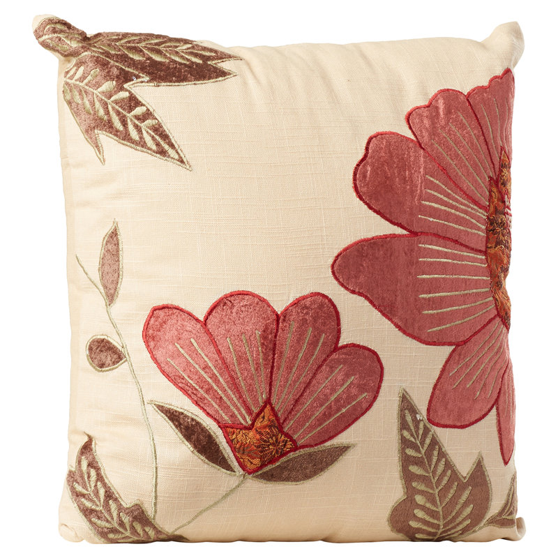 Beige and Red Floral Embroidered Cotton Velvet Throw Pillow