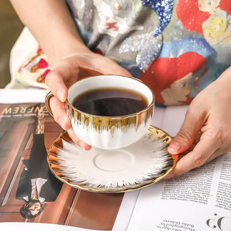 White and Gold Ceramic Cappuccino Cups with Saucers Set