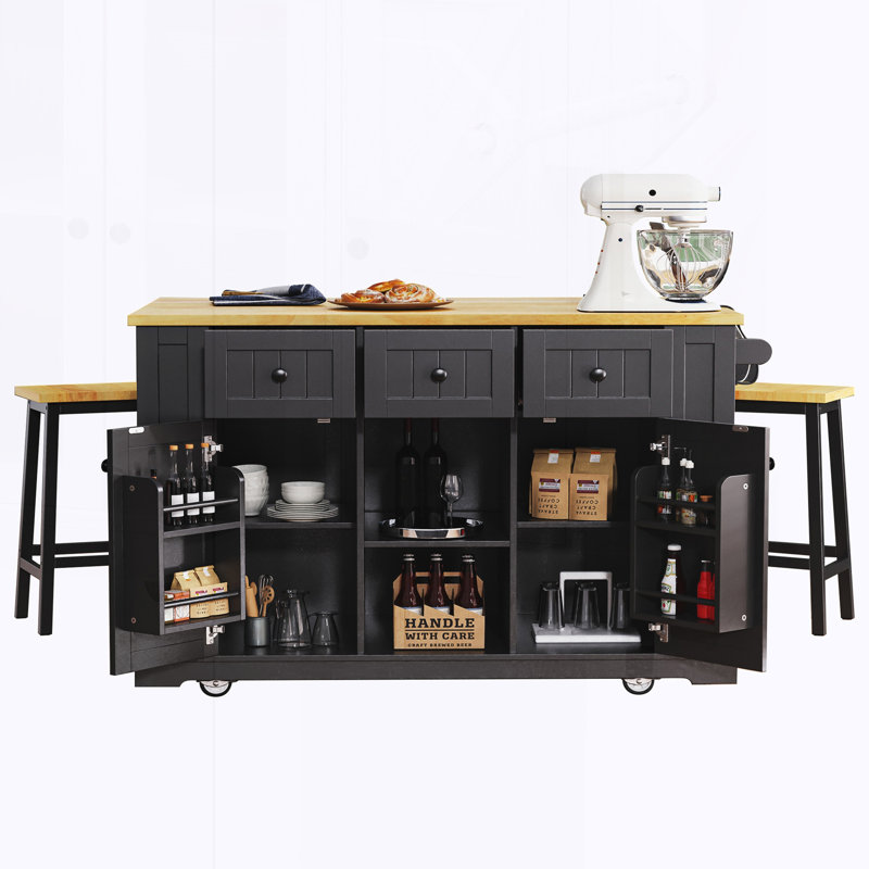 Kitchen Island with 2 Bar Stools, Power Outlet,Door Internal Storage Rack, Black