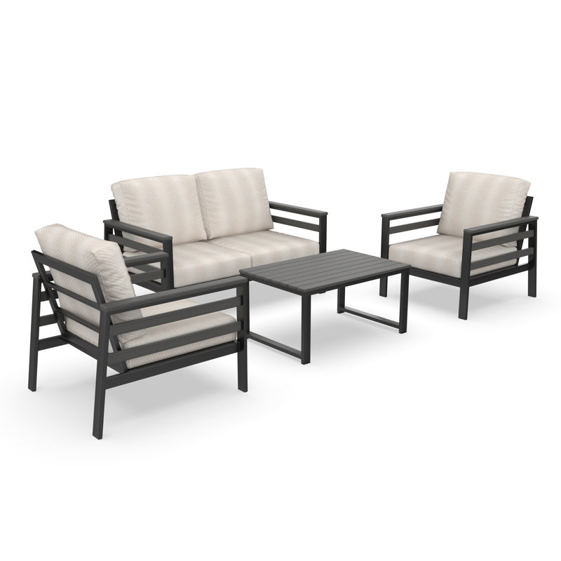Ensemble de conversation avec causeuse 4 pièces Suren avec coussins Sunbrella® Suren, White/Tan Striped, Black