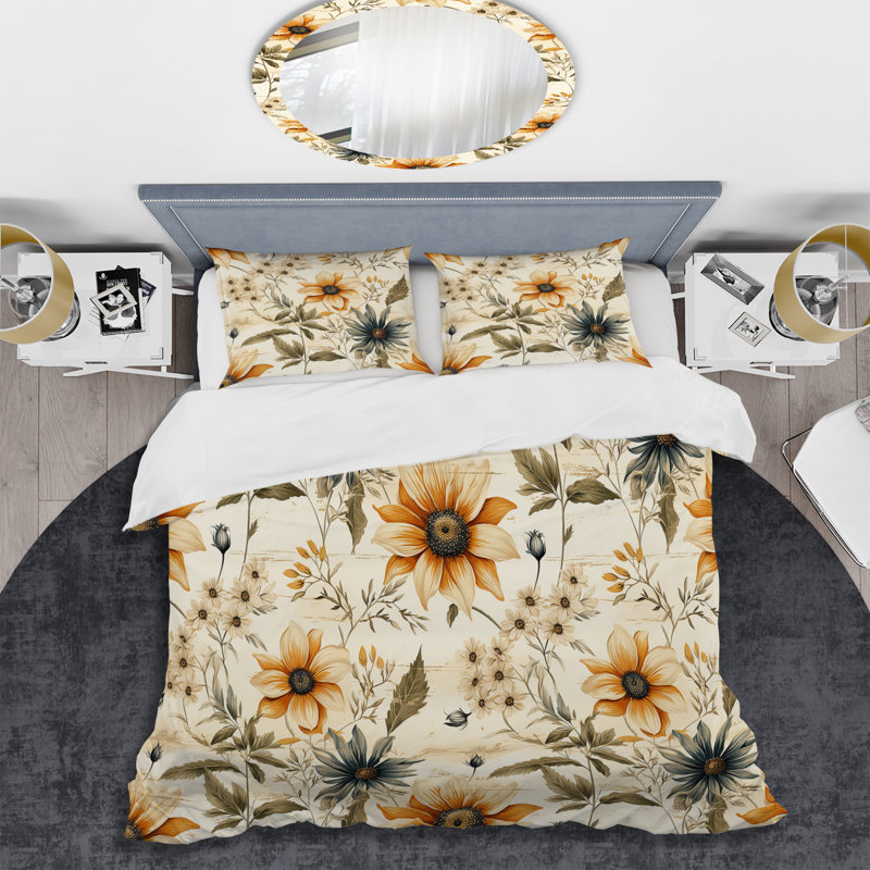 Ensemble de housse de couette Beige Antique Flower Harmony I, Housse de couette pour grand lit et 2 taies décor