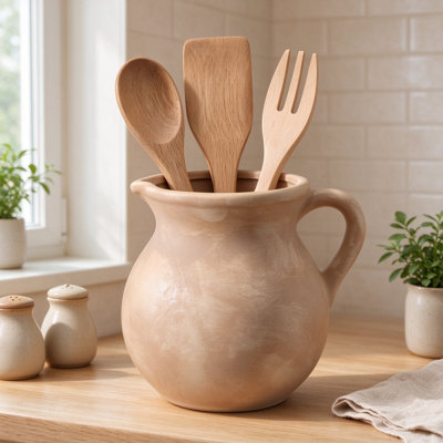 Rustic Ceramic Kitchen Utensil Holder Crock with Handle, Farmhouse Vintage Earthenware Utensil Organizer for Countertop, Spatula Spoon Storage Container for Kitchen Decor