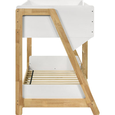 Twin Bunk Bed With White And Natural Wood, Low Headboard, Angular Silhouettes For Bedroom Design Contemporary In Coastal Style, Guard Rails