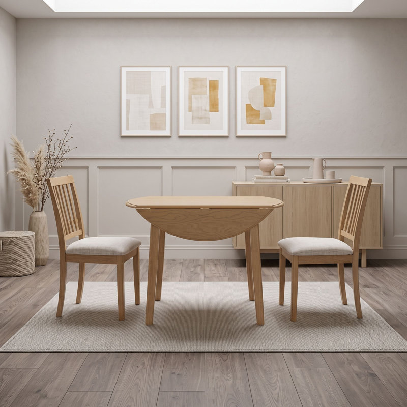 Ensemble de salle à manger rond 3 pièces avec abattants, 2 chaises rembourrées à dossier à lattes et table extensible pour petits appartements