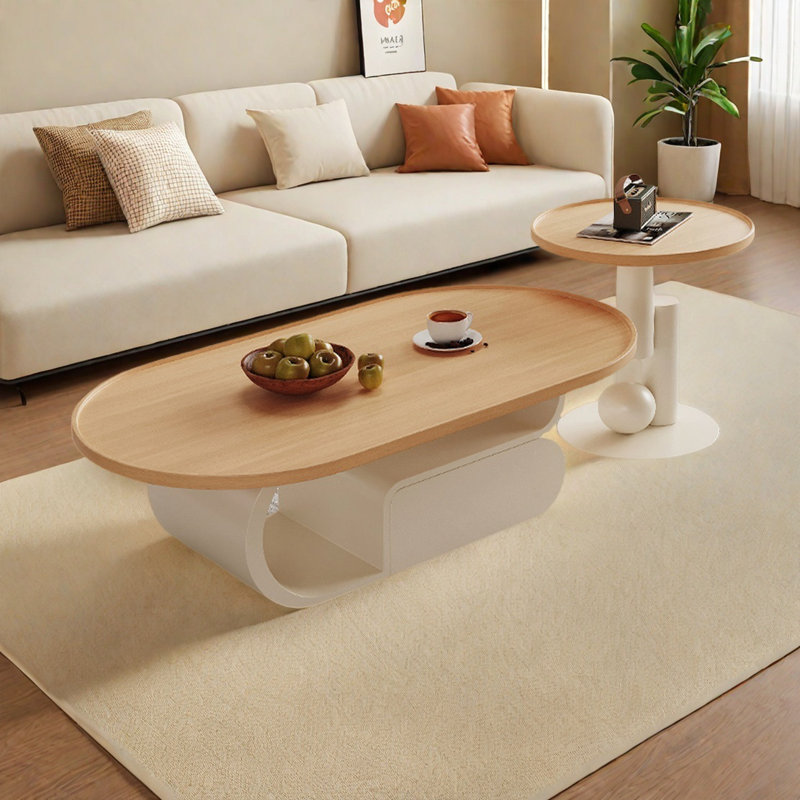 Ensemble de tables basses ovales Light Luxury, Dessus Burlywood / base crème, H 17,7 po x L 39,4 po x l 21,7 po