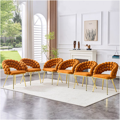 Ensemble de 2 chaises de salle à manger orange en forme de boule de velours avec pattes plaquées or, chaises d'appoint modernes pour la salle à manger et la cuisine