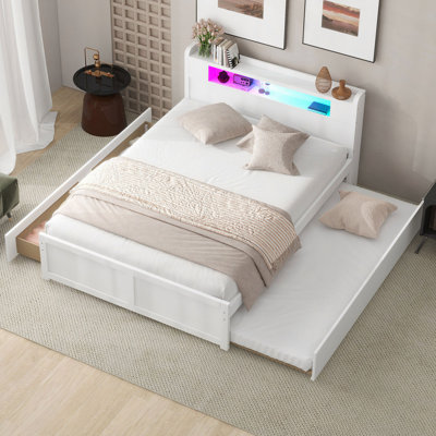 Lit plateforme avec rangement en bois avec DEL, 2 tiroirs et 1 lit gigogne