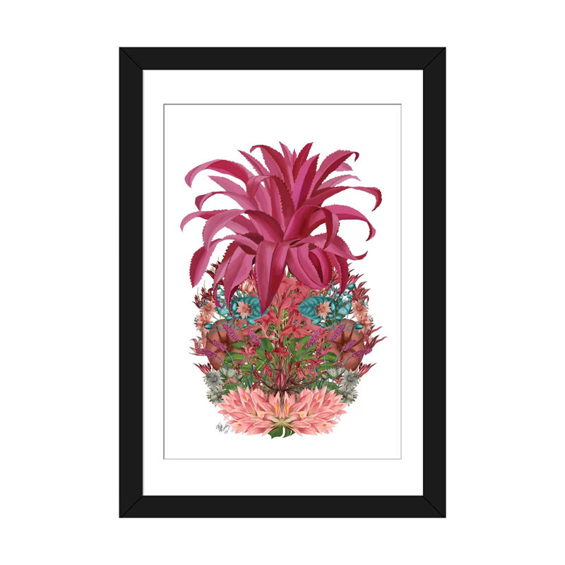 «Floral Pineapple III», impression sur toile, H 24 po x l 16 po x P 1 po, Papier avec cadre noir, Blanc