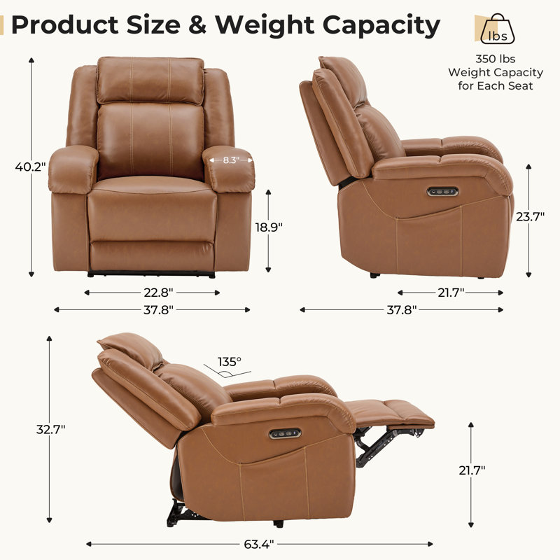 Zero zero clearence recliner  Power Recliner With Dual Motor Adjustable Headrest, Scratch-Resistant Faux Leather, USB Charging, Brown
