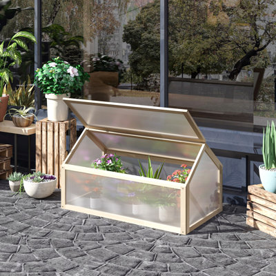Wood Greenhouse Garden Polycarbonate Cold Frame Greenhouse with Openable Top Cover, Grow House , 90 x 52 x 50cm, Natural