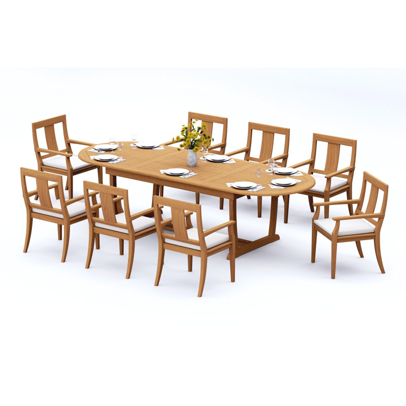 13 Pcs Grade-A Teak Wood Dining Set: 118" Double Extension Mas Oval Trestle Leg Table And Osborne Arm Chairs #11OS2712, 8