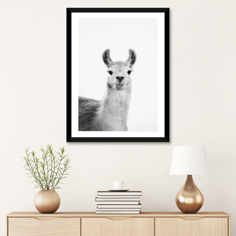 «Happy Lama» par Sissi & Seb - reproduction de photo, H 32 po x l 24 po x P 1 po, Papier encadré noir, Blanc