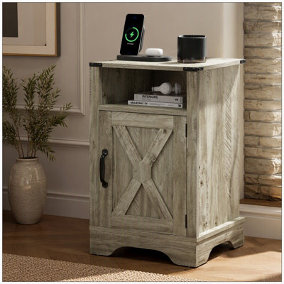 Farmhouse End Table with Charging Station Wooden Rustic Nightstands with Storage Cabinet and Shelf for Bedroom, Living Room, Living Room, Warm Grey