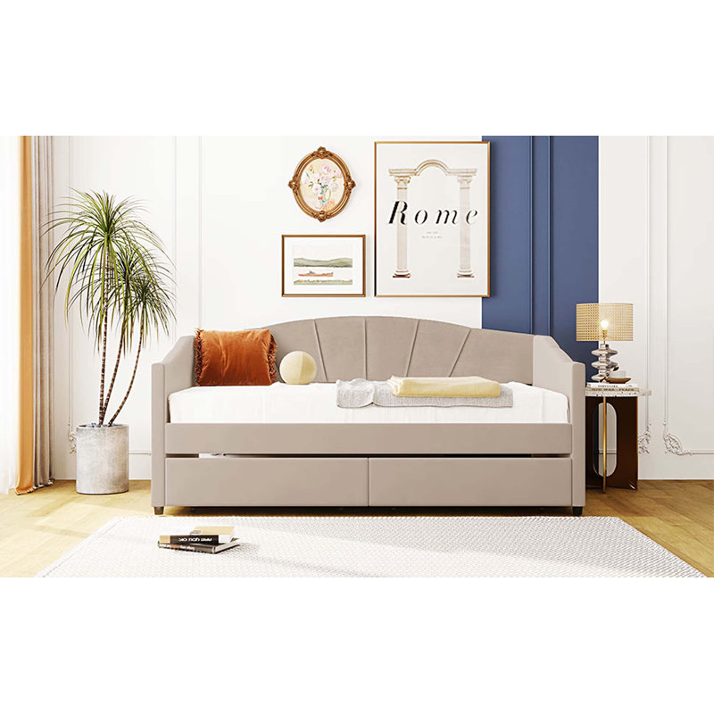 Upholstered daybed Twin Size with Two Drawers and Wood Slat, Beige