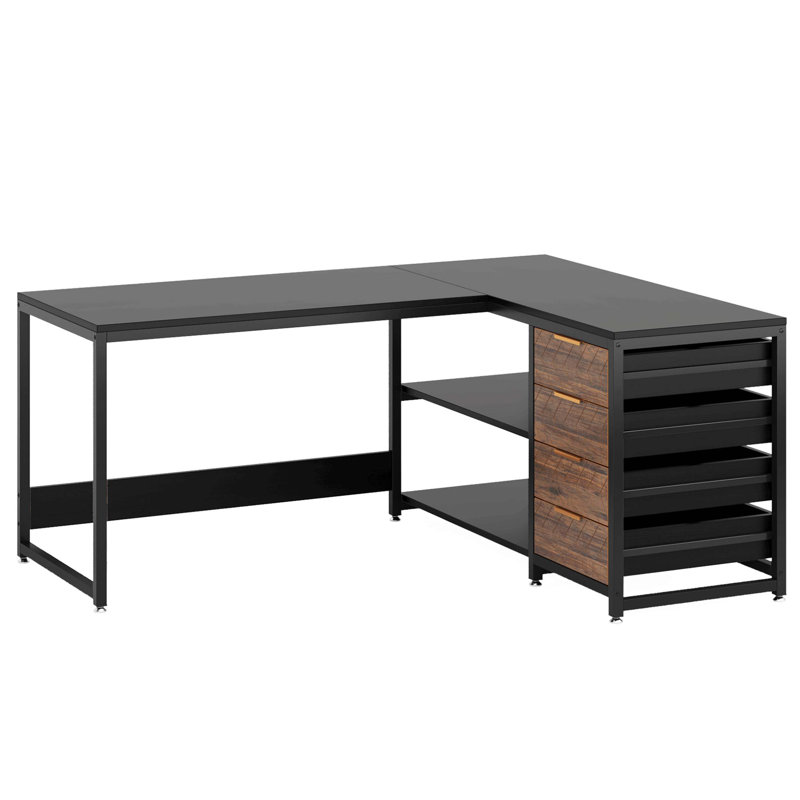 Bureau d'ordinateur en L 59 pouces avec tiroirs et tablettes de rangement, poste de travail de coin réversible, bureau d'écriture pour bureau à domicile, design industriel noir
