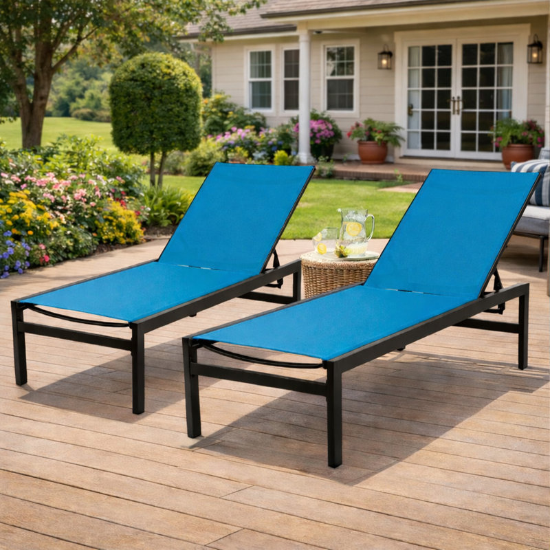 Paquet de 2 chaises longues d'extérieur Kozyard, structure en aluminium et tissu textilène, chaise longue inclinable réglable pour la piscine, les bains de soleil et la cour bleue