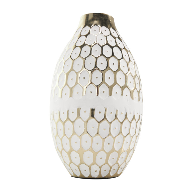 Metal Geometric Dot Geometric Decorative Gold Vase with White Accents