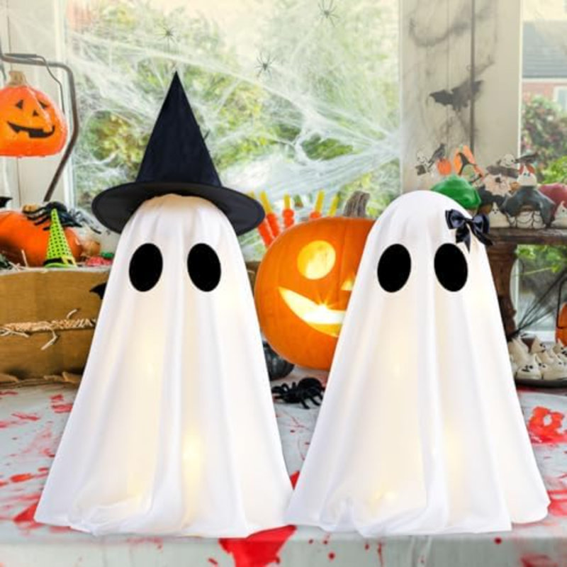 Illuminez les décorations de fantômes effrayants d'Halloween, ensemble de 2 bricolages artisanaux effrayants pour la décoration intérieure de la tablette de manteau et du plateau de table blanc