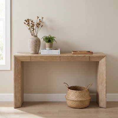 Console de style ferme moderne de 152 cm avec bord en cascade, 2 tiroirs dissimulés et pieds épais de 10 cm – Table d'entrée/de salon avec grain de bois rustique pour salon et couloir