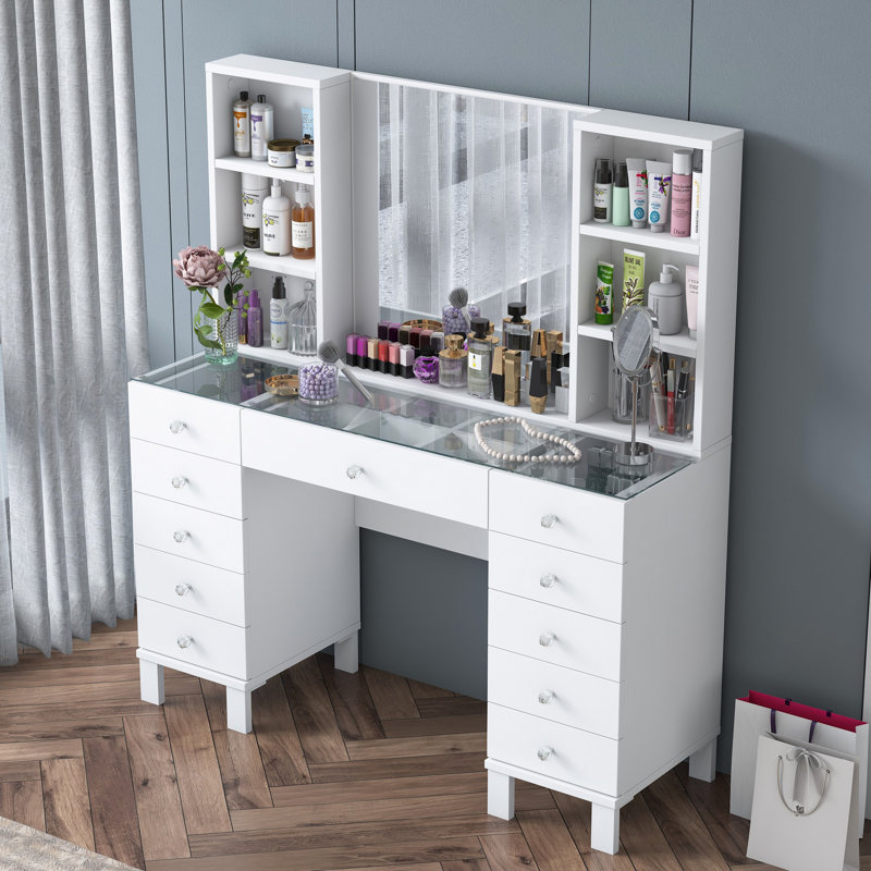 Modern Make-Up Table in White, 47.2 x 52.7 x 15.7 inches | 100% Melamine Coated E1 Quality Chipboard, Thickness: 0.7 inches | Features Numerous Shelves & Additional Storage, Wall-Mountable Design for Space-Saving