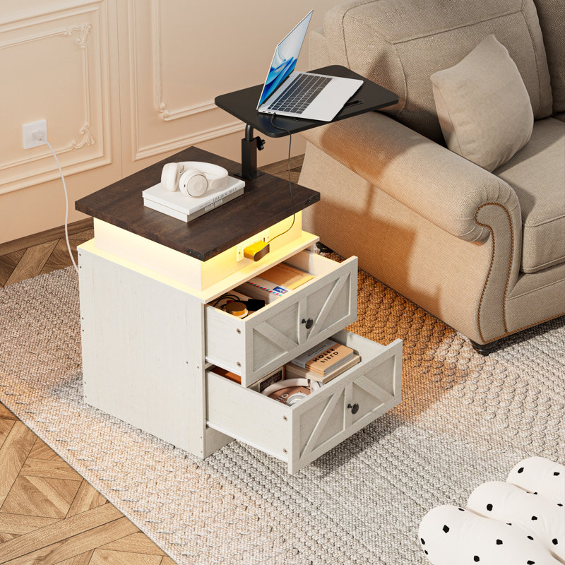 White Farmhouse Night Stands with Charging Station and LED Light