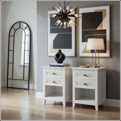 Set of 2, 17.7" White Rattan Boho Nightstands with 2 Drawers and Open Shelf