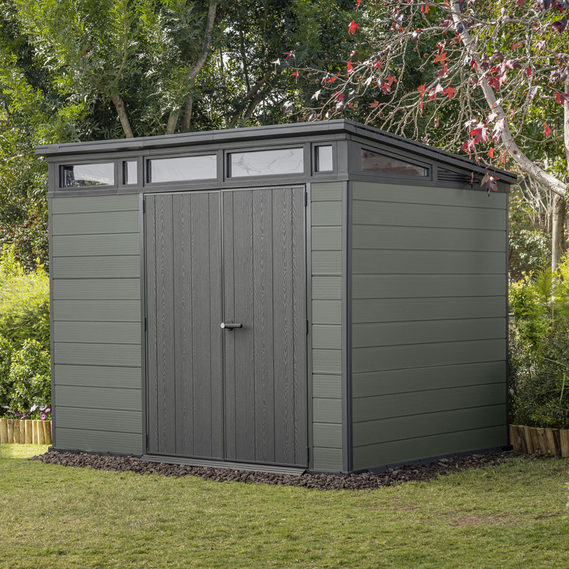 Keter Cortina 9x7 ft. Modern Durable Resin Outdoor Storage Shed With Floor and Double Doors for Garden Patio Furniture and Tools, Green